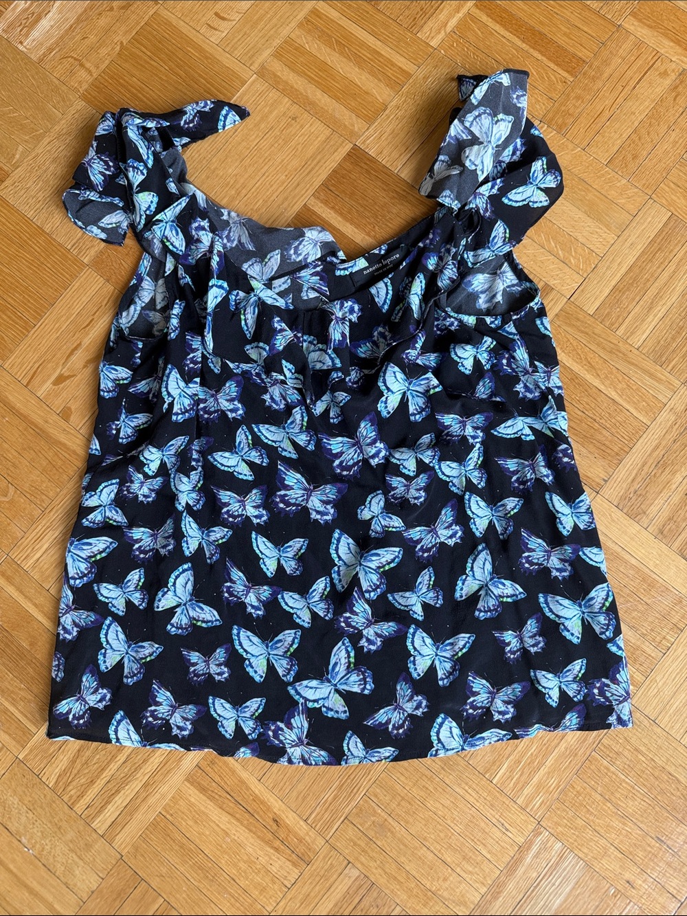 Nanette Lepore Black Tank Top with Blue Butterfly Print and Tie Straps